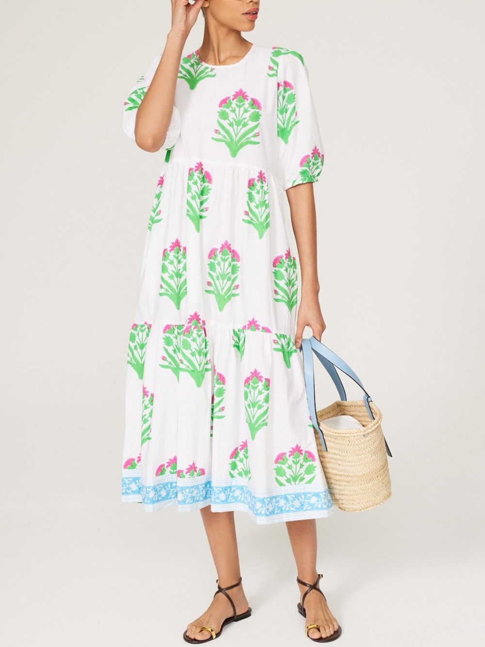 SZ Blockprints Gaia Dress Floral Midi in Pink & Green Print Sz: XS - Flawed